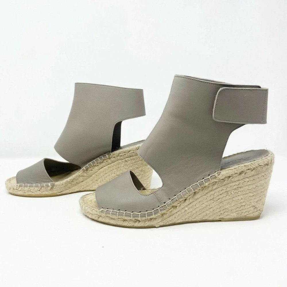 Vince Spencer Gray Leather Espadrille Wedge Sandals